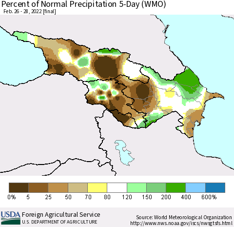 Azerbaijan, Armenia and Georgia Percent of Normal Precipitation 5-Day (WMO) Thematic Map For 2/26/2022 - 2/28/2022