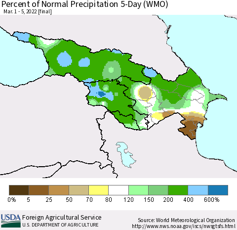 Azerbaijan, Armenia and Georgia Percent of Normal Precipitation 5-Day (WMO) Thematic Map For 3/1/2022 - 3/5/2022