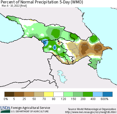Azerbaijan, Armenia and Georgia Percent of Normal Precipitation 5-Day (WMO) Thematic Map For 3/6/2022 - 3/10/2022