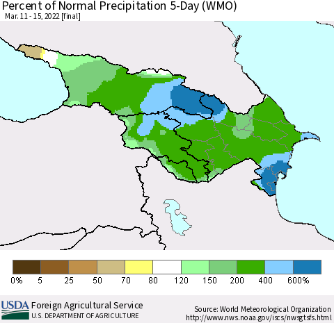 Azerbaijan, Armenia and Georgia Percent of Normal Precipitation 5-Day (WMO) Thematic Map For 3/11/2022 - 3/15/2022