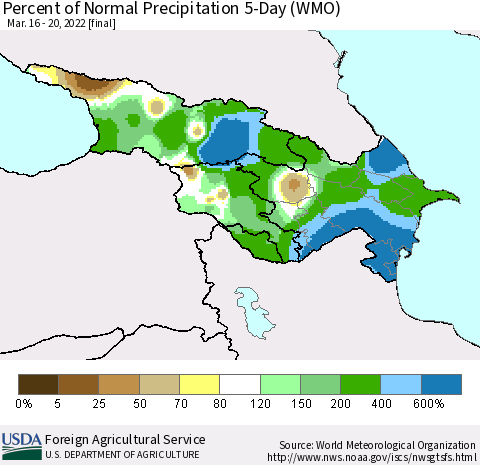 Azerbaijan, Armenia and Georgia Percent of Normal Precipitation 5-Day (WMO) Thematic Map For 3/16/2022 - 3/20/2022