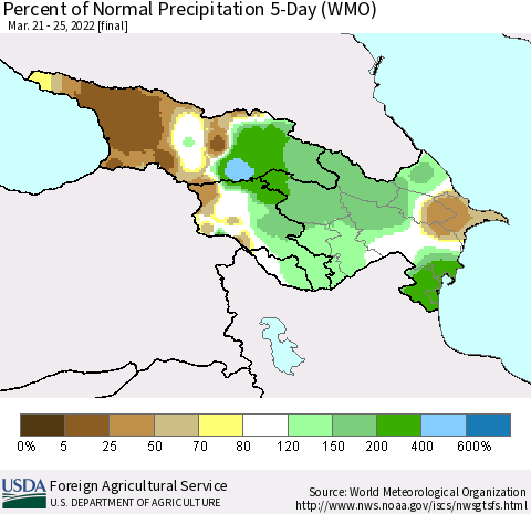 Azerbaijan, Armenia and Georgia Percent of Normal Precipitation 5-Day (WMO) Thematic Map For 3/21/2022 - 3/25/2022