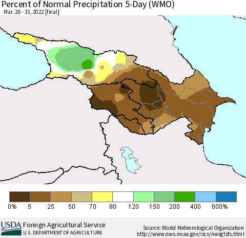 Azerbaijan, Armenia and Georgia Percent of Normal Precipitation 5-Day (WMO) Thematic Map For 3/26/2022 - 3/31/2022