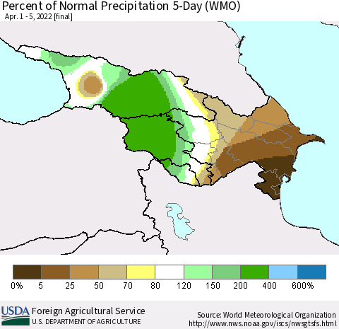 Azerbaijan, Armenia and Georgia Percent of Normal Precipitation 5-Day (WMO) Thematic Map For 4/1/2022 - 4/5/2022