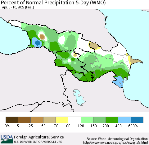 Azerbaijan, Armenia and Georgia Percent of Normal Precipitation 5-Day (WMO) Thematic Map For 4/6/2022 - 4/10/2022