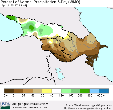 Azerbaijan, Armenia and Georgia Percent of Normal Precipitation 5-Day (WMO) Thematic Map For 4/11/2022 - 4/15/2022