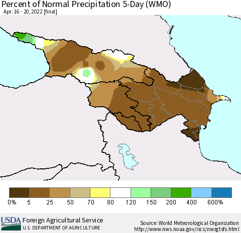 Azerbaijan, Armenia and Georgia Percent of Normal Precipitation 5-Day (WMO) Thematic Map For 4/16/2022 - 4/20/2022