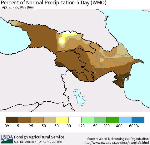 Azerbaijan, Armenia and Georgia Percent of Normal Precipitation 5-Day (WMO) Thematic Map For 4/21/2022 - 4/25/2022