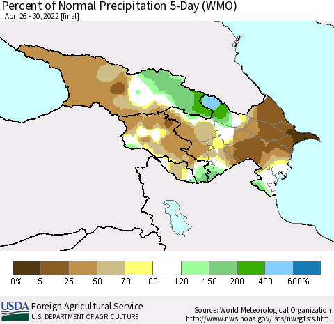 Azerbaijan, Armenia and Georgia Percent of Normal Precipitation 5-Day (WMO) Thematic Map For 4/26/2022 - 4/30/2022