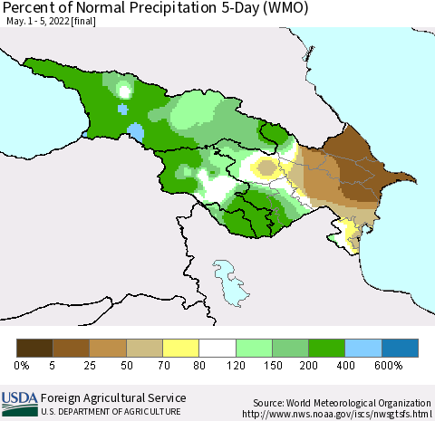 Azerbaijan, Armenia and Georgia Percent of Normal Precipitation 5-Day (WMO) Thematic Map For 5/1/2022 - 5/5/2022