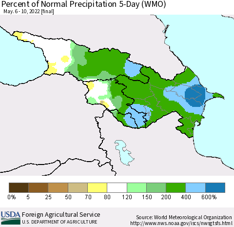Azerbaijan, Armenia and Georgia Percent of Normal Precipitation 5-Day (WMO) Thematic Map For 5/6/2022 - 5/10/2022