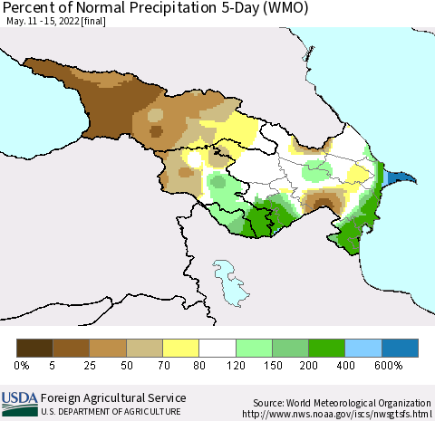Azerbaijan, Armenia and Georgia Percent of Normal Precipitation 5-Day (WMO) Thematic Map For 5/11/2022 - 5/15/2022