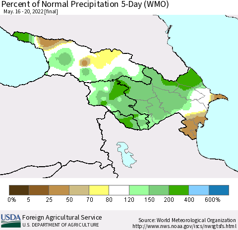 Azerbaijan, Armenia and Georgia Percent of Normal Precipitation 5-Day (WMO) Thematic Map For 5/16/2022 - 5/20/2022