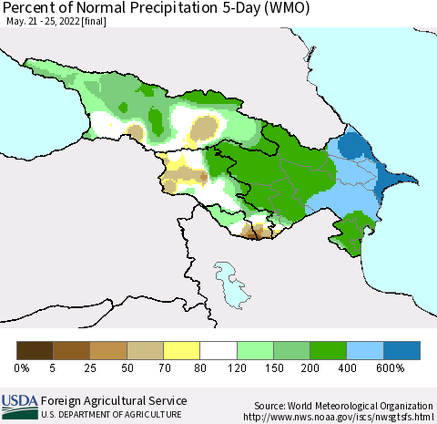 Azerbaijan, Armenia and Georgia Percent of Normal Precipitation 5-Day (WMO) Thematic Map For 5/21/2022 - 5/25/2022
