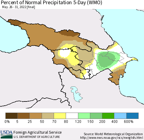 Azerbaijan, Armenia and Georgia Percent of Normal Precipitation 5-Day (WMO) Thematic Map For 5/26/2022 - 5/31/2022