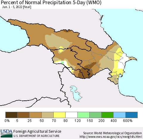Azerbaijan, Armenia and Georgia Percent of Normal Precipitation 5-Day (WMO) Thematic Map For 6/1/2022 - 6/5/2022