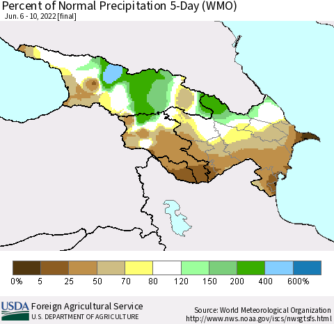 Azerbaijan, Armenia and Georgia Percent of Normal Precipitation 5-Day (WMO) Thematic Map For 6/6/2022 - 6/10/2022