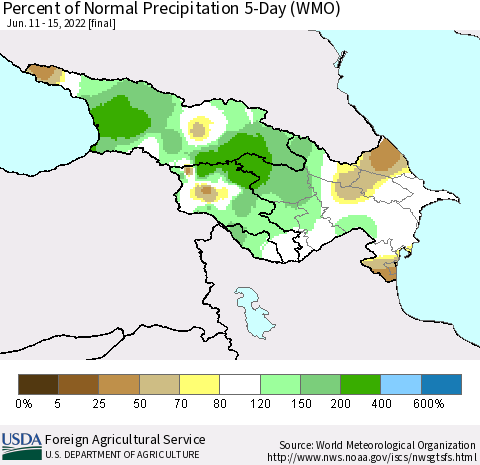Azerbaijan, Armenia and Georgia Percent of Normal Precipitation 5-Day (WMO) Thematic Map For 6/11/2022 - 6/15/2022