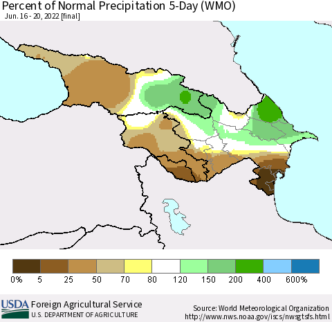 Azerbaijan, Armenia and Georgia Percent of Normal Precipitation 5-Day (WMO) Thematic Map For 6/16/2022 - 6/20/2022