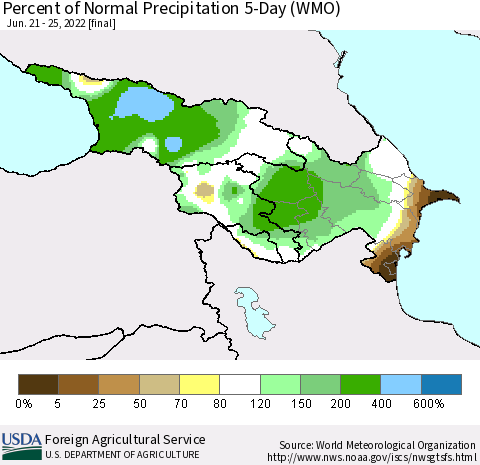 Azerbaijan, Armenia and Georgia Percent of Normal Precipitation 5-Day (WMO) Thematic Map For 6/21/2022 - 6/25/2022