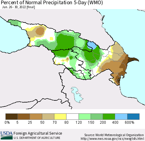 Azerbaijan, Armenia and Georgia Percent of Normal Precipitation 5-Day (WMO) Thematic Map For 6/26/2022 - 6/30/2022