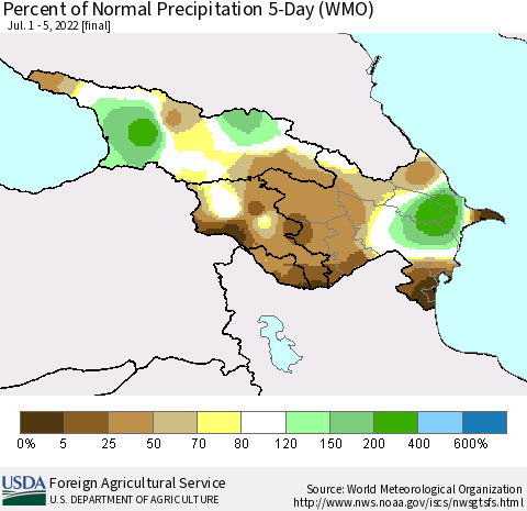 Azerbaijan, Armenia and Georgia Percent of Normal Precipitation 5-Day (WMO) Thematic Map For 7/1/2022 - 7/5/2022