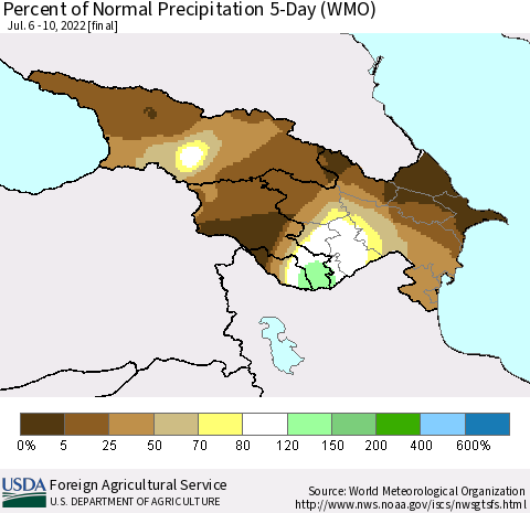 Azerbaijan, Armenia and Georgia Percent of Normal Precipitation 5-Day (WMO) Thematic Map For 7/6/2022 - 7/10/2022