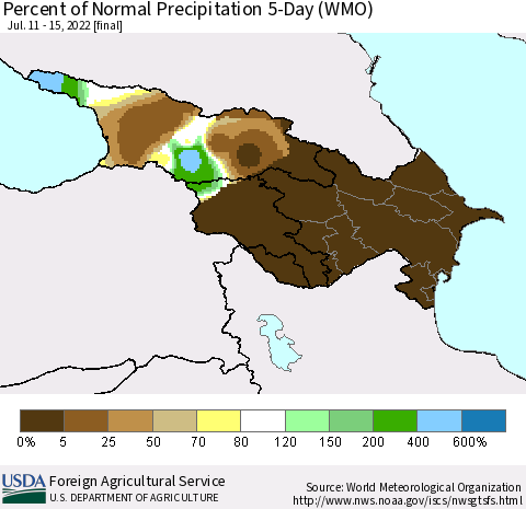 Azerbaijan, Armenia and Georgia Percent of Normal Precipitation 5-Day (WMO) Thematic Map For 7/11/2022 - 7/15/2022