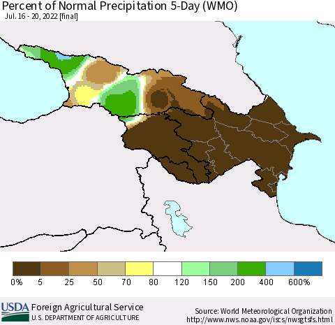 Azerbaijan, Armenia and Georgia Percent of Normal Precipitation 5-Day (WMO) Thematic Map For 7/16/2022 - 7/20/2022