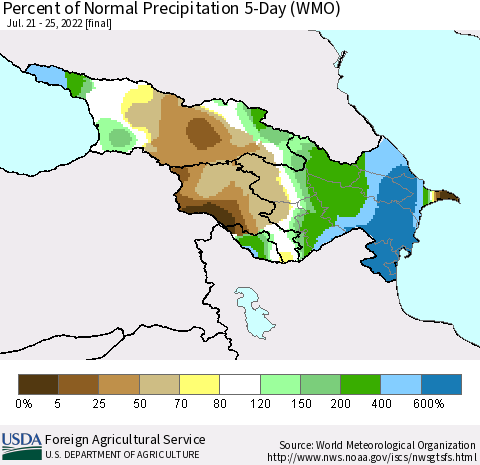 Azerbaijan, Armenia and Georgia Percent of Normal Precipitation 5-Day (WMO) Thematic Map For 7/21/2022 - 7/25/2022