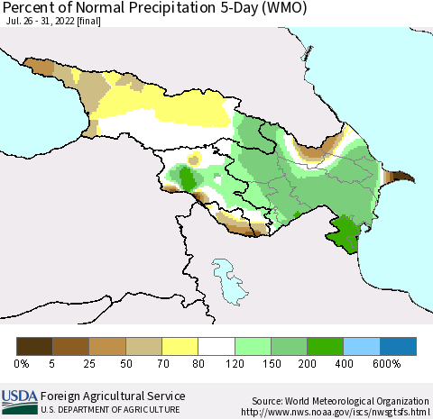 Azerbaijan, Armenia and Georgia Percent of Normal Precipitation 5-Day (WMO) Thematic Map For 7/26/2022 - 7/31/2022