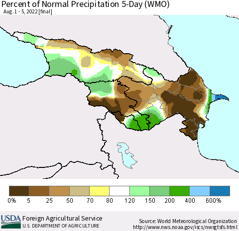 Azerbaijan, Armenia and Georgia Percent of Normal Precipitation 5-Day (WMO) Thematic Map For 8/1/2022 - 8/5/2022