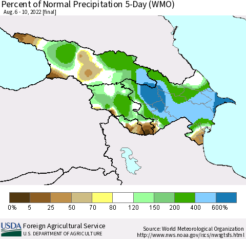 Azerbaijan, Armenia and Georgia Percent of Normal Precipitation 5-Day (WMO) Thematic Map For 8/6/2022 - 8/10/2022