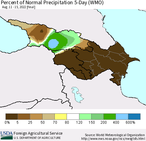 Azerbaijan, Armenia and Georgia Percent of Normal Precipitation 5-Day (WMO) Thematic Map For 8/11/2022 - 8/15/2022