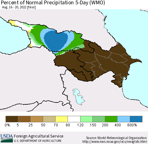 Azerbaijan, Armenia and Georgia Percent of Normal Precipitation 5-Day (WMO) Thematic Map For 8/16/2022 - 8/20/2022