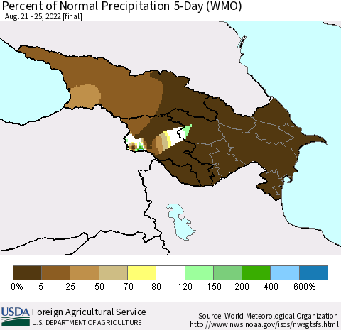Azerbaijan, Armenia and Georgia Percent of Normal Precipitation 5-Day (WMO) Thematic Map For 8/21/2022 - 8/25/2022