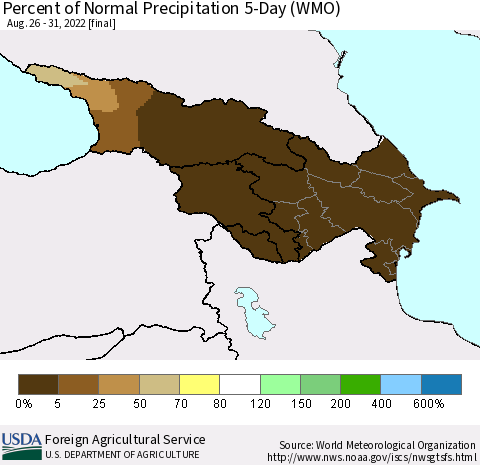 Azerbaijan, Armenia and Georgia Percent of Normal Precipitation 5-Day (WMO) Thematic Map For 8/26/2022 - 8/31/2022