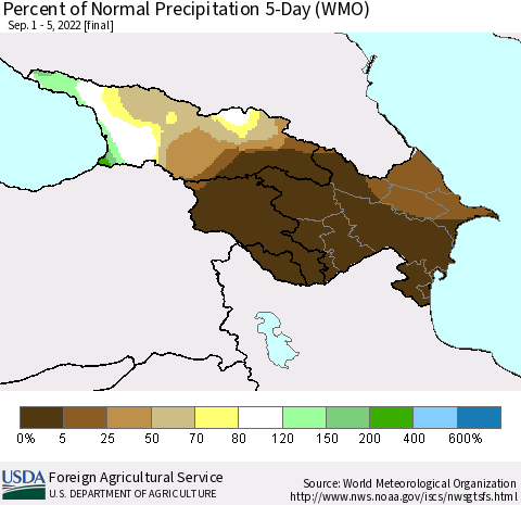 Azerbaijan, Armenia and Georgia Percent of Normal Precipitation 5-Day (WMO) Thematic Map For 9/1/2022 - 9/5/2022