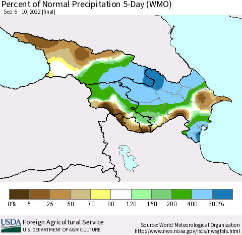 Azerbaijan, Armenia and Georgia Percent of Normal Precipitation 5-Day (WMO) Thematic Map For 9/6/2022 - 9/10/2022