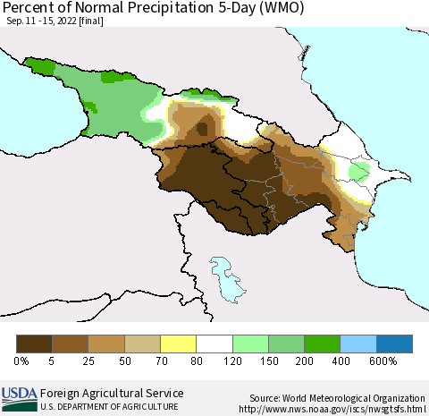 Azerbaijan, Armenia and Georgia Percent of Normal Precipitation 5-Day (WMO) Thematic Map For 9/11/2022 - 9/15/2022