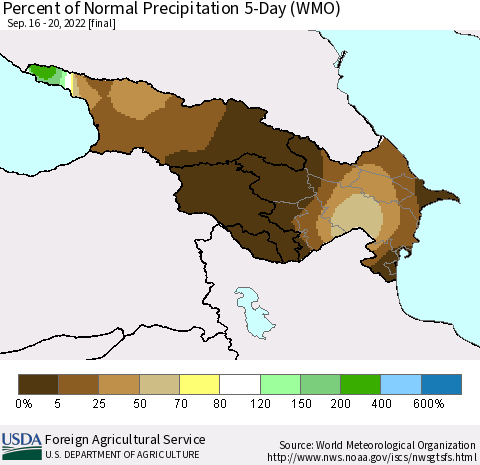 Azerbaijan, Armenia and Georgia Percent of Normal Precipitation 5-Day (WMO) Thematic Map For 9/16/2022 - 9/20/2022