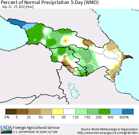 Azerbaijan, Armenia and Georgia Percent of Normal Precipitation 5-Day (WMO) Thematic Map For 9/21/2022 - 9/25/2022
