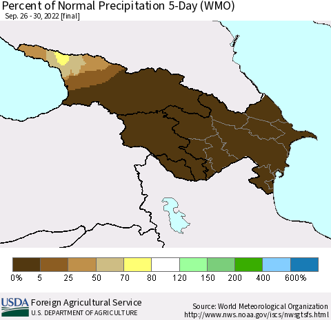 Azerbaijan, Armenia and Georgia Percent of Normal Precipitation 5-Day (WMO) Thematic Map For 9/26/2022 - 9/30/2022