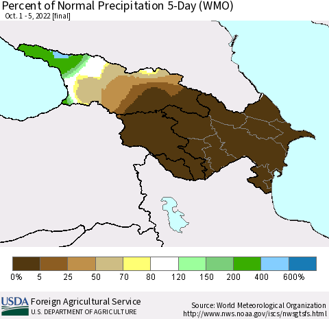 Azerbaijan, Armenia and Georgia Percent of Normal Precipitation 5-Day (WMO) Thematic Map For 10/1/2022 - 10/5/2022
