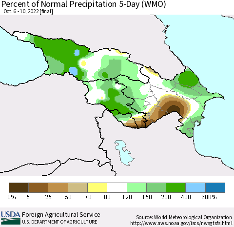 Azerbaijan, Armenia and Georgia Percent of Normal Precipitation 5-Day (WMO) Thematic Map For 10/6/2022 - 10/10/2022