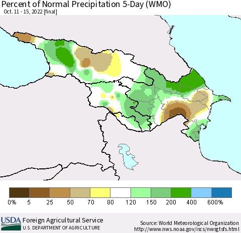 Azerbaijan, Armenia and Georgia Percent of Normal Precipitation 5-Day (WMO) Thematic Map For 10/11/2022 - 10/15/2022