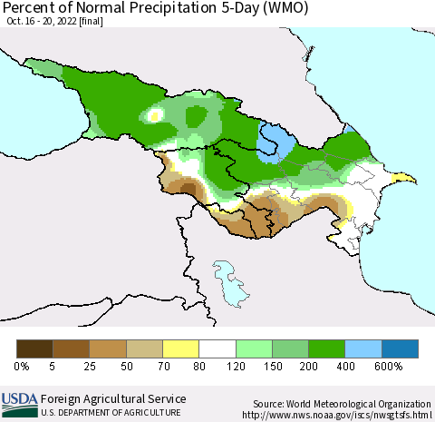 Azerbaijan, Armenia and Georgia Percent of Normal Precipitation 5-Day (WMO) Thematic Map For 10/16/2022 - 10/20/2022