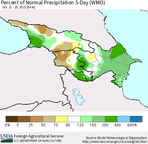 Azerbaijan, Armenia and Georgia Percent of Normal Precipitation 5-Day (WMO) Thematic Map For 10/21/2022 - 10/25/2022