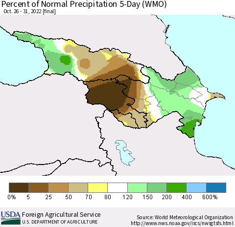 Azerbaijan, Armenia and Georgia Percent of Normal Precipitation 5-Day (WMO) Thematic Map For 10/26/2022 - 10/31/2022