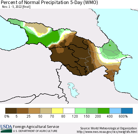 Azerbaijan, Armenia and Georgia Percent of Normal Precipitation 5-Day (WMO) Thematic Map For 11/1/2022 - 11/5/2022